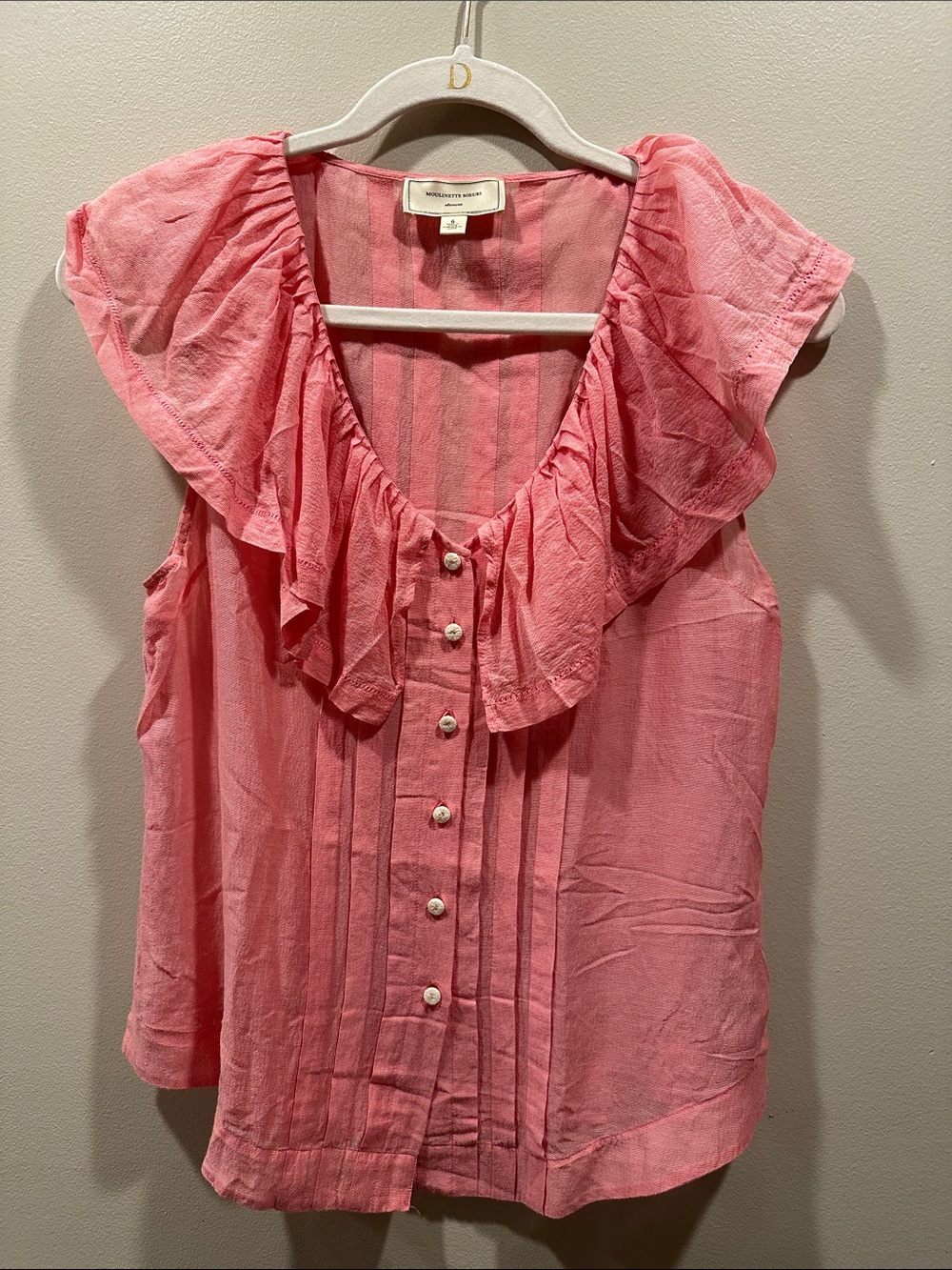 Anthropologie Coral-Pink Ruffle Button-Front Sleeveless Blouse